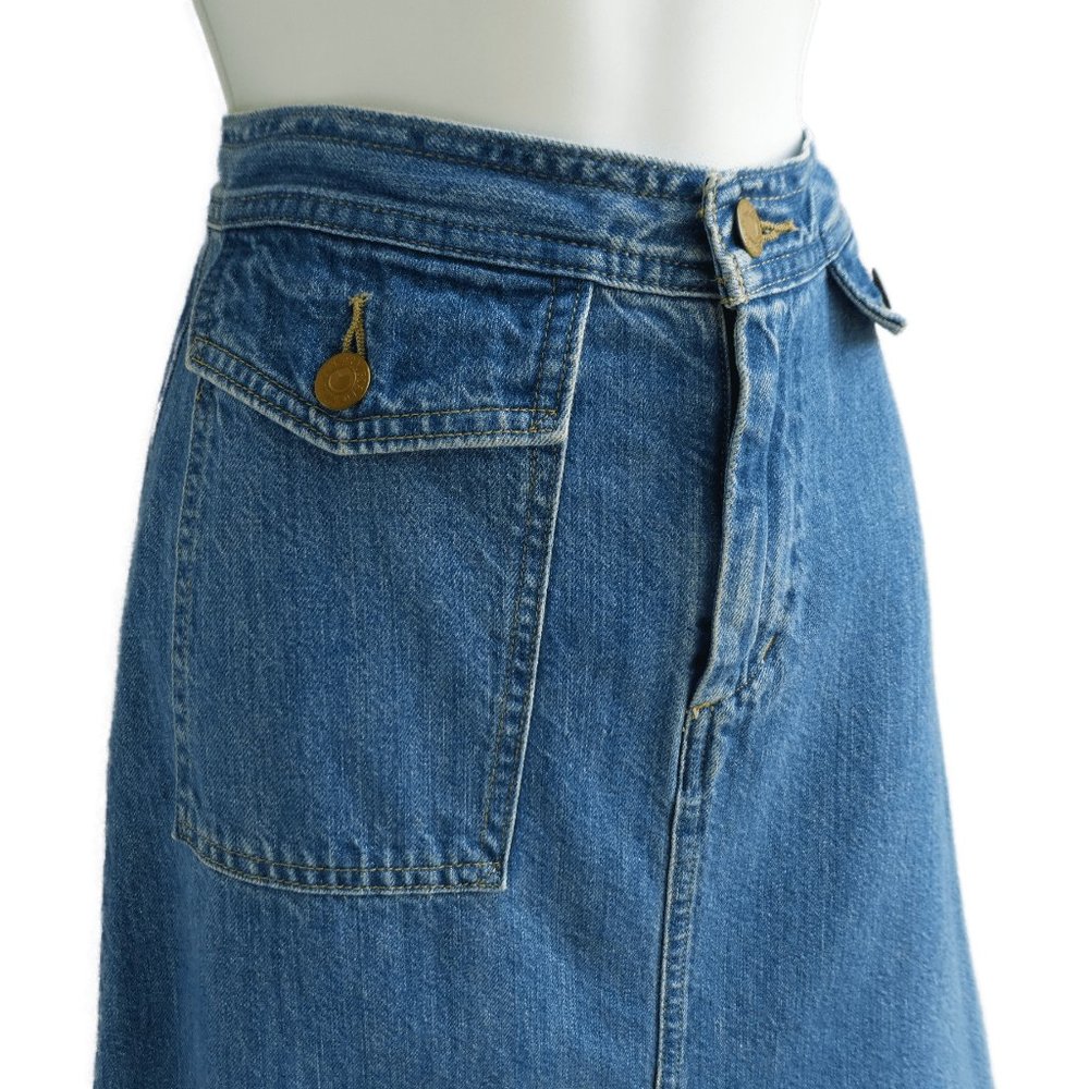 Levi's Denim Skirt Cargo Front Slit Pockets Zip Button Fly Knee Patch Logo W25 S - Picture 4 of 7